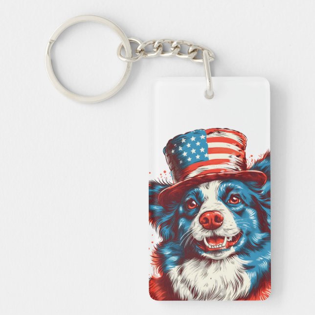 Border colie with an American flag hat Key Ring (Front)