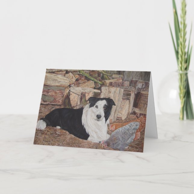 border collie and chickens in log shed realist art card (Front)