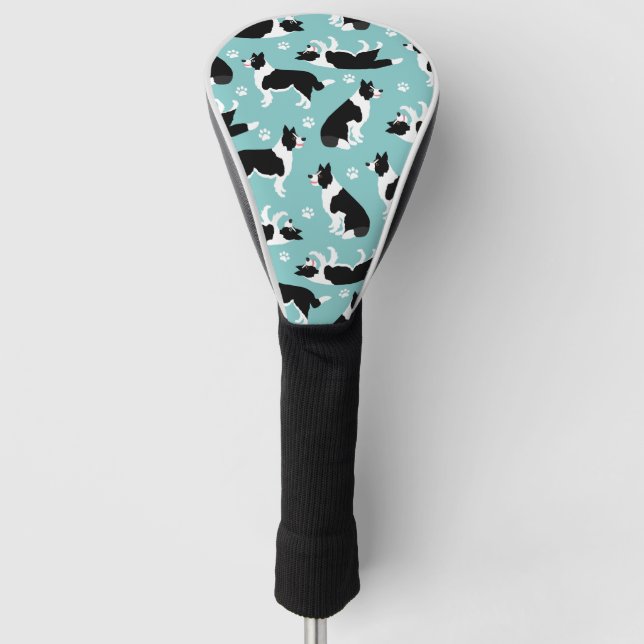 Border Collie and Paw Print Golf Head Cover (Front)