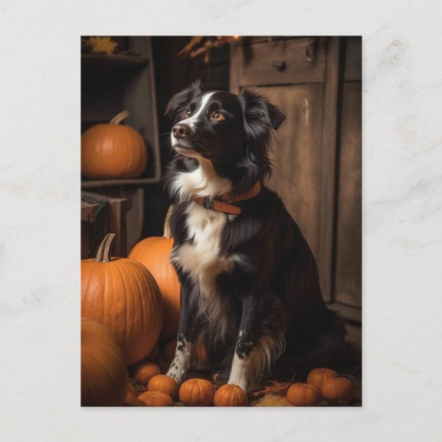Border Collie Autumn Pumpkins Postcard (Front)