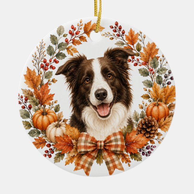 Border Collie Autumn Wreath Ceramic Tree Decoration (Front)