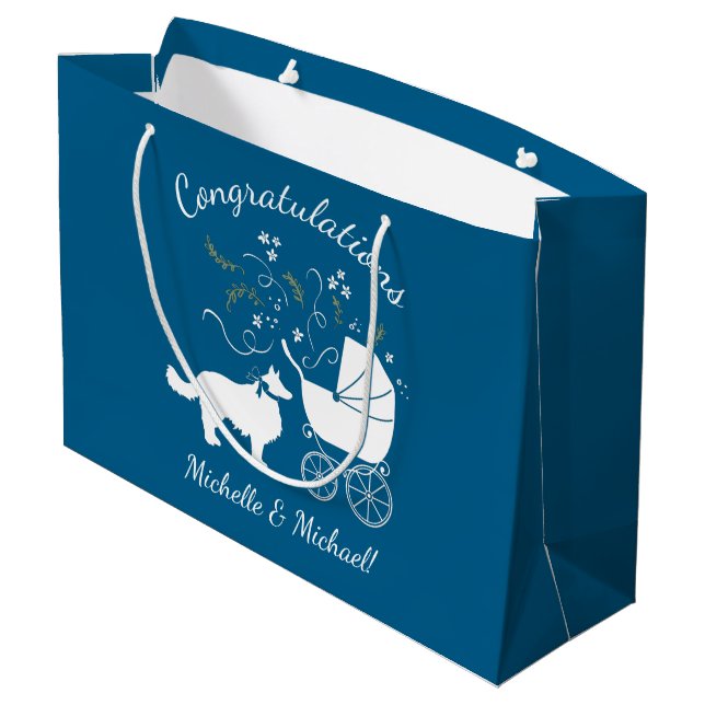 Border Collie Baby Shower Large Gift Bag (Back Angled)