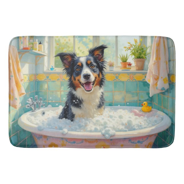 Border Collie Bath Time Playful Bathroom Decor Mat (Front)