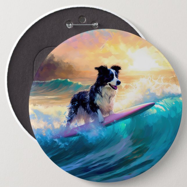Border Collie Beach Surfing Painting 6 Cm Round Badge (Front & Back)
