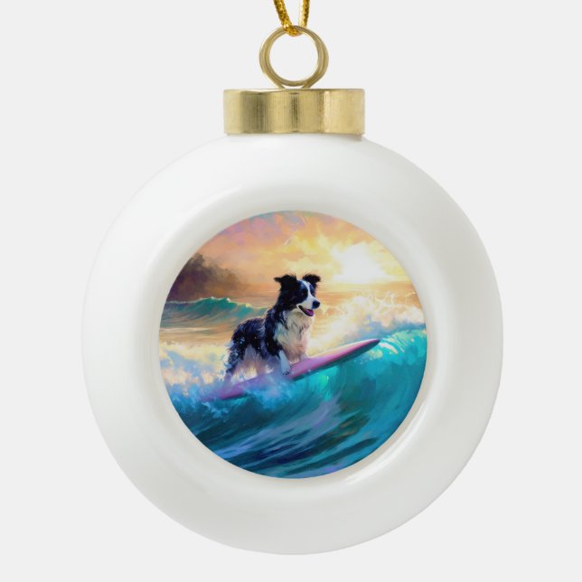 Border Collie Beach Surfing Painting Ceramic Ball Christmas Ornament (Front)