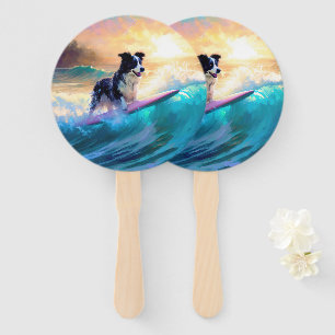Border Collie Beach Surfing Painting Hand Fan