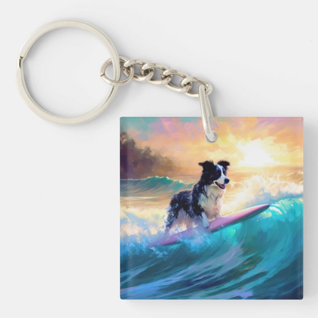 Border Collie Beach Surfing Painting Key Ring (Front)