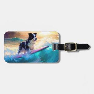 Border Collie Beach Surfing Painting Luggage Tag