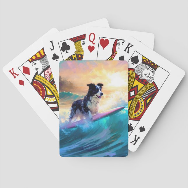 Border Collie Beach Surfing Painting Playing Cards (Back)