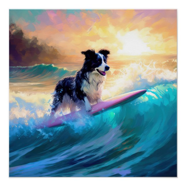 Border Collie Beach Surfing Painting Poster (Front)