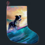 Border Collie Beach Surfing Painting Small Christmas Stocking<br><div class="desc">Immerse yourself in the playful world of canine adventure with this captivating painting. A spirited dog takes to the waves, skilfully riding the surf on a sun-kissed beach. The vibrant artwork beautifully captures the essence of beachside excitement as the dog fearlessly rides the waves, embodying the spirit of fun and...</div>