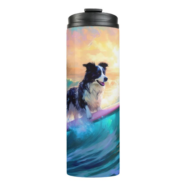 Border Collie Beach Surfing Painting Thermal Tumbler (Front)