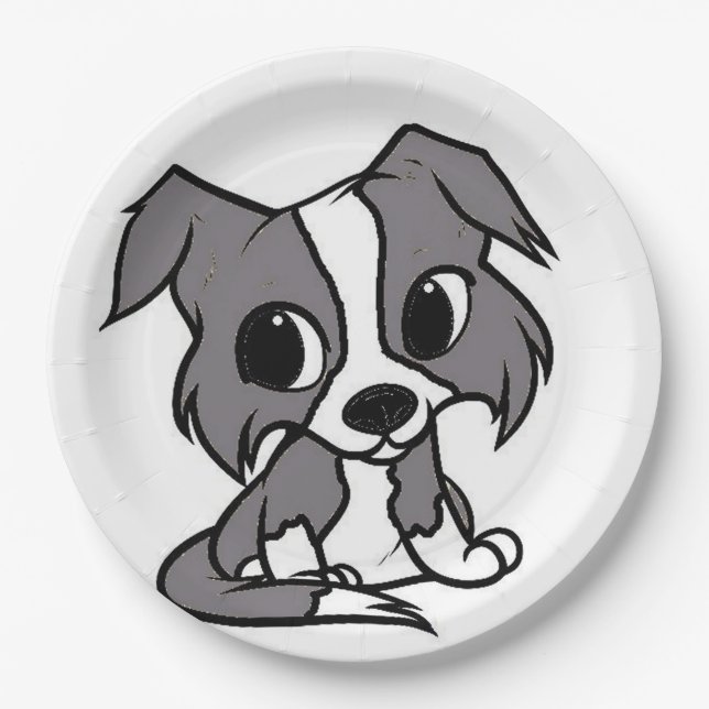 border collie blue and white cartoon paper plate (Front)