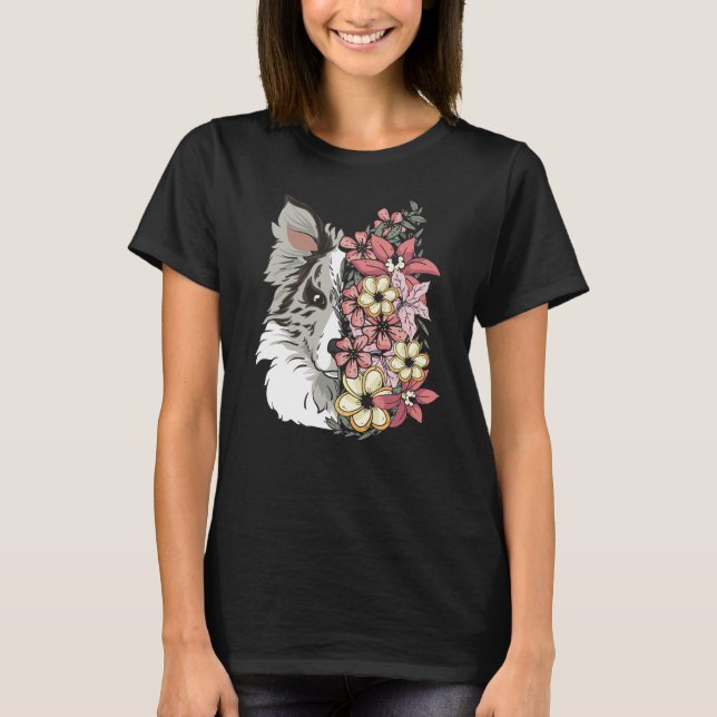 Border Collie Blue Merle With Flowers T-Shirt (Front)