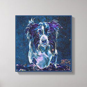 Border Collie Blue Starry Night Painting Style Canvas Print