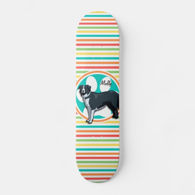 Border Collie; Bright Rainbow Stripes Skateboard (Front)