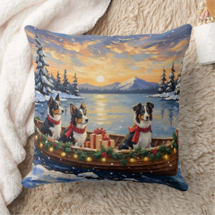 Border Collie Christmas Boat Holiday Cushion
