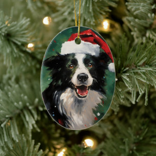 Border Collie Christmas brush painting artwork Ceramic Tree Decoration