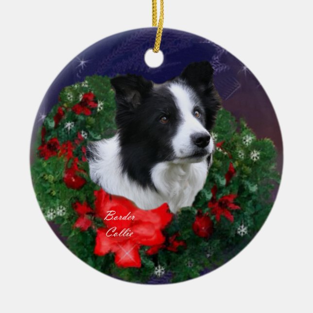 Border Collie Christmas Ceramic Tree Decoration (Front)