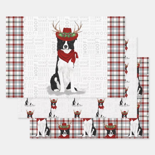 Border Collie Christmas Dog and Western Plaid Wrapping Paper Sheet (Set)