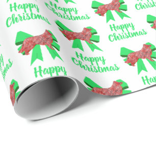 Border Collie Christmas Dog & Green Bow White Wrapping Paper