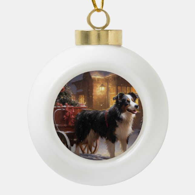 Border Collie Christmas Festive Season Ceramic Ball Christmas Ornament (Front)