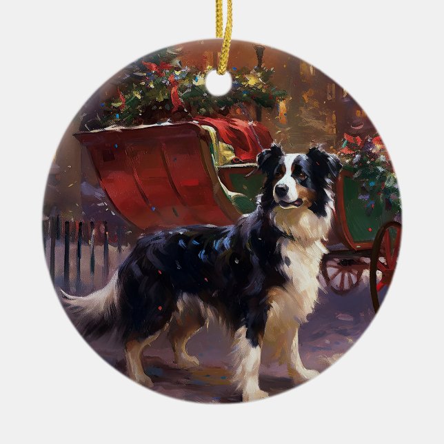 Border Collie Christmas Festive Season  Ceramic Tree Decoration (Front)
