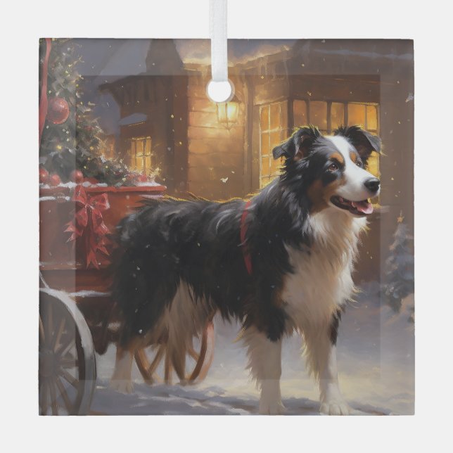 Border Collie Christmas Festive Season Glass Tree Decoration (Front)