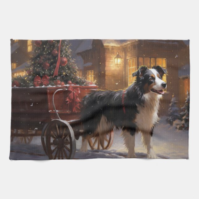 Border Collie Christmas Festive Season Tea Towel (Horizontal)