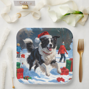 Border Collie Christmas Festive Snow Scene Paper Plate