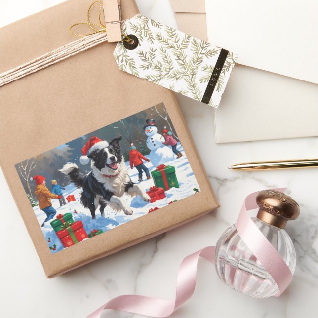 Border Collie Christmas Festive Snow Scene Rectangular Sticker (Gifting)