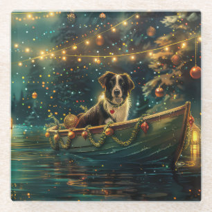 Border Collie Christmas Festive Voyage Glass Coaster