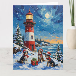 Border Collie Christmas Lighthouse Holiday Card