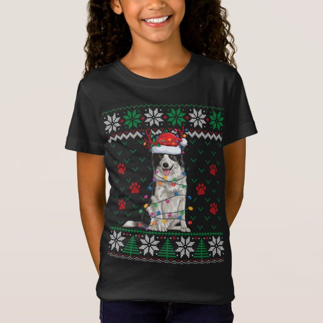 Border Collie Christmas Lights Santa Reindeer Ugly T-Shirt (Front)