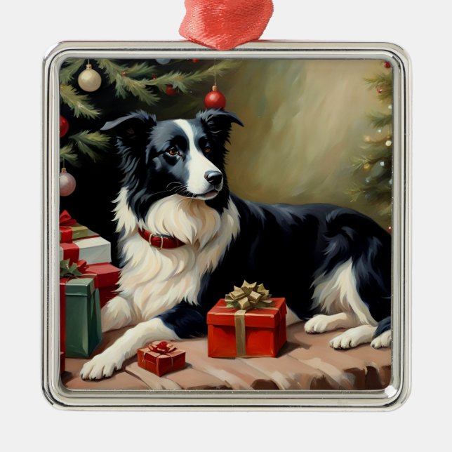 Border Collie Christmas Metal Tree Decoration (Front)