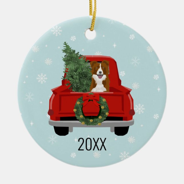 Border Collie Christmas Red Truck Ceramic Tree Decoration (Front)