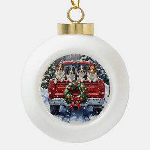 Border Collie Christmas Red Truck Holiday Ceramic Ball Christmas Ornament