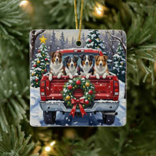 Border Collie Christmas Red Truck Holiday Ceramic Ornament