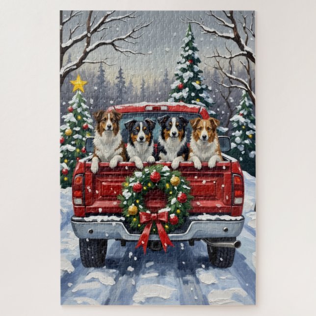 Border Collie Christmas Red Truck Holiday Jigsaw Puzzle (Vertical)