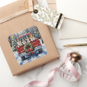 Border Collie Christmas Red Truck Holiday Square Sticker