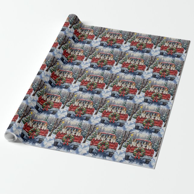 Border Collie Christmas Red Truck Holiday Wrapping Paper (Unrolled)