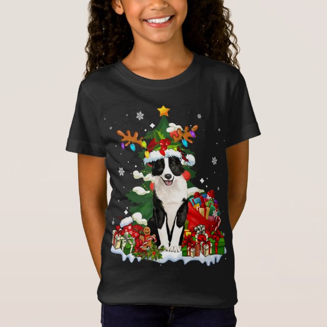 Border Collie Christmas Reindeer Santa Light Dog P T-Shirt (Front)
