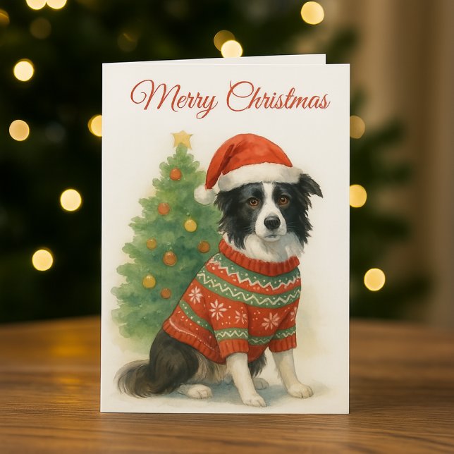 Border Collie Christmas Santa Hat & Tree Holiday Card (A perfect Christmas card for "Border Collie " dog lovers. )