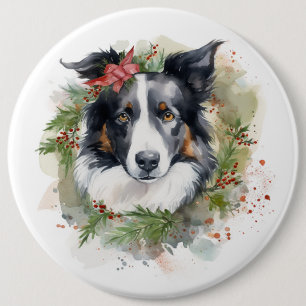 Border Collie Christmas Wreath Festive Pup 6 Cm Round Badge