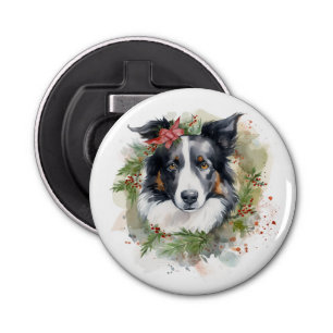 Border Collie Christmas Wreath Festive Pup  Bottle Opener