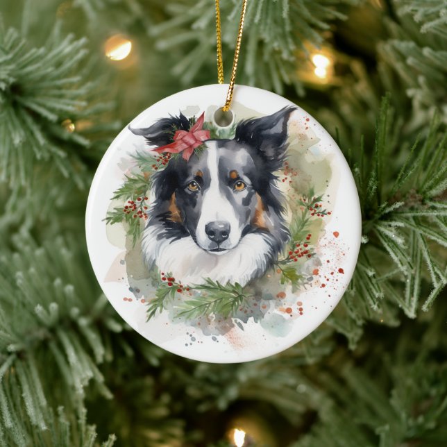Border Collie Christmas Wreath Festive Pup  Ceramic Tree Decoration (Tree)