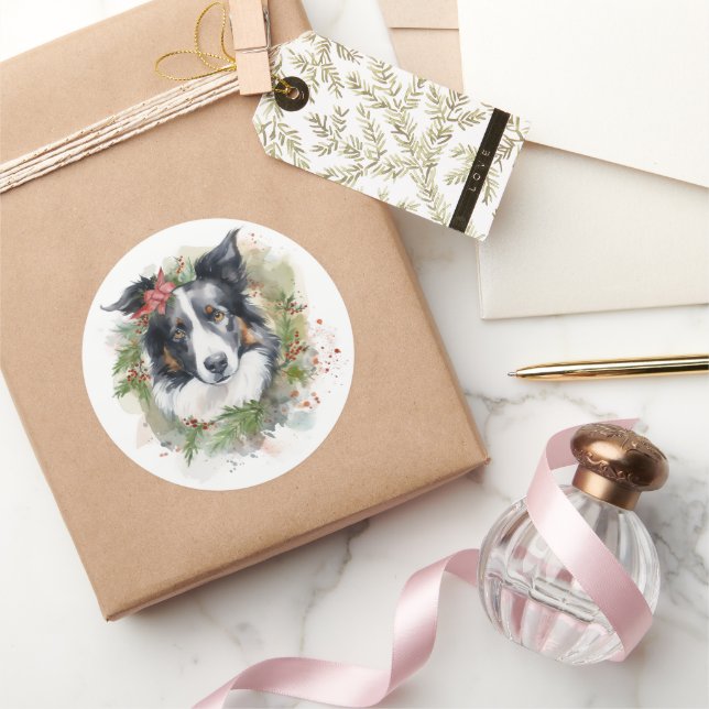 Border Collie Christmas Wreath Festive Pup  Classic Round Sticker (Gifting)