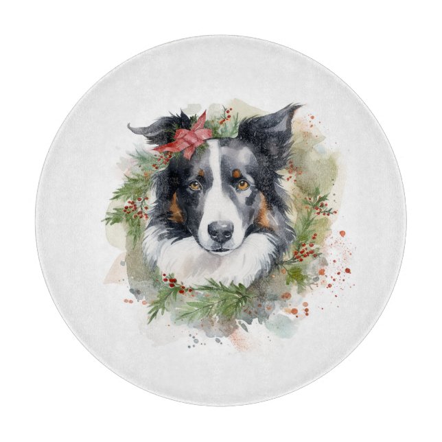Border Collie Christmas Wreath Festive Pup  Cutting Board (Front)