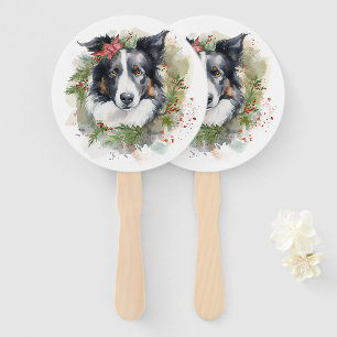 Border Collie Christmas Wreath Festive Pup Hand Fan