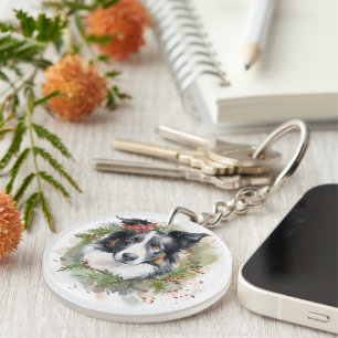 Border Collie Christmas Wreath Festive Pup Key Ring